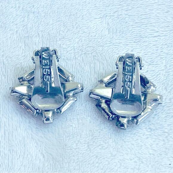 Vintage WEISS Earrings Mid Century Rhinestone Clip-on Baguette Formal Bride - Picture 4 of 8